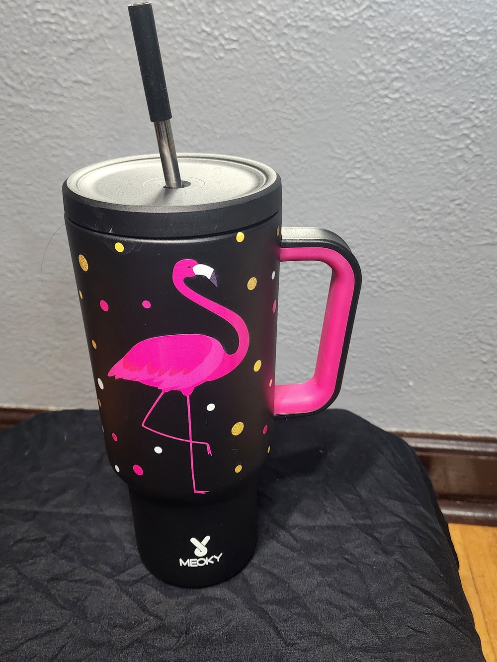 Meoky 40oz Pink Flamingo Insulated Tumbler Black Confetti Print